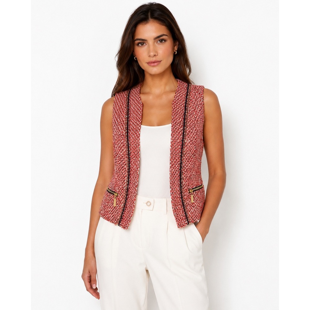 Cache Tweed Bouclé Vest Size 2 Coral Pink Gold Zip Preppy Office Chic